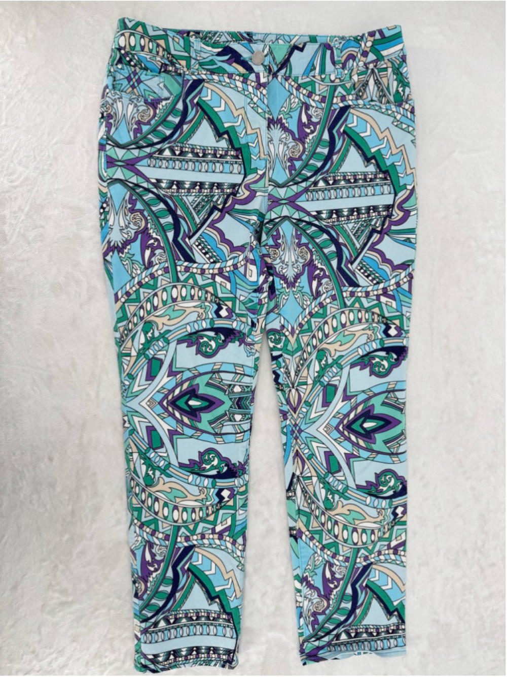 Chico’s Bold Print Ankle Jeans Slim Leg Purple Teal Beige Ivory Statement Sz 1/8